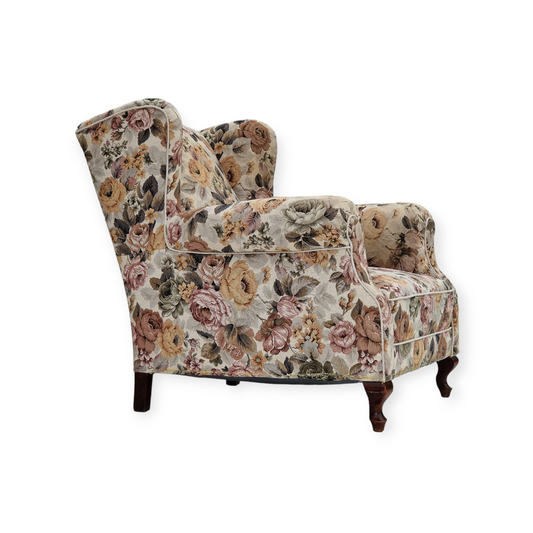 1950s, Danish vintage relax chair in "flowers" fabric, original condition.