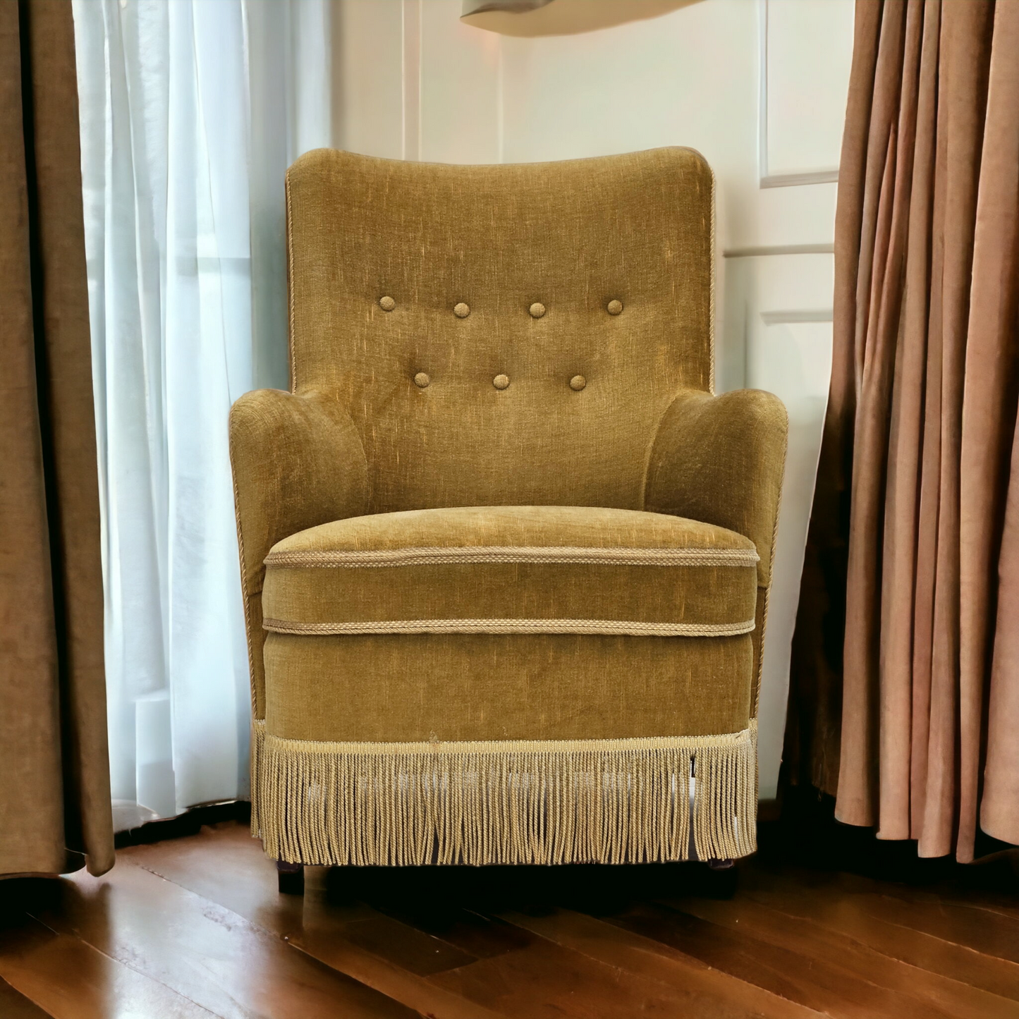 1960s, Danish armchair, original upholstery, light green velour.