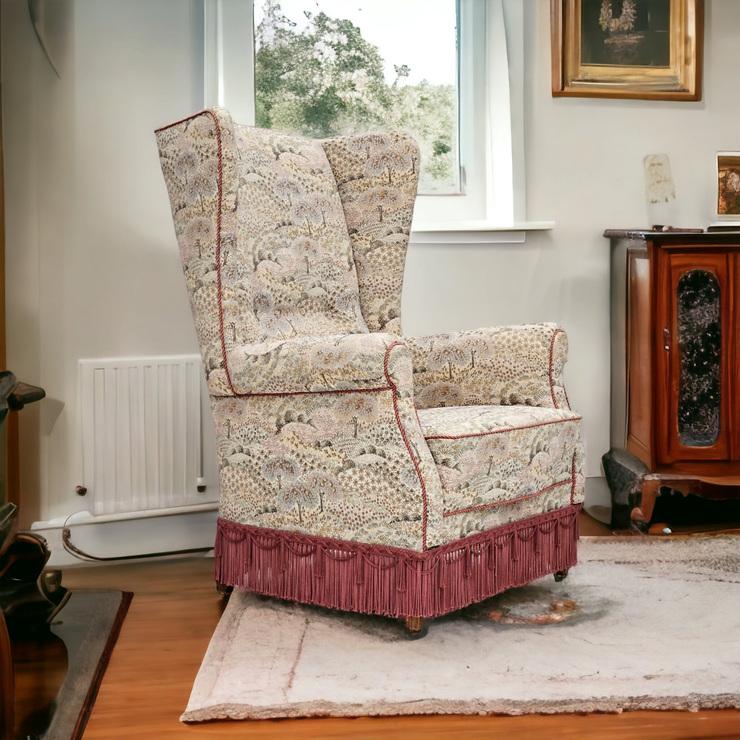 1955-60s, Danish design, high back armchair in floral multicolor fabric, original condition.