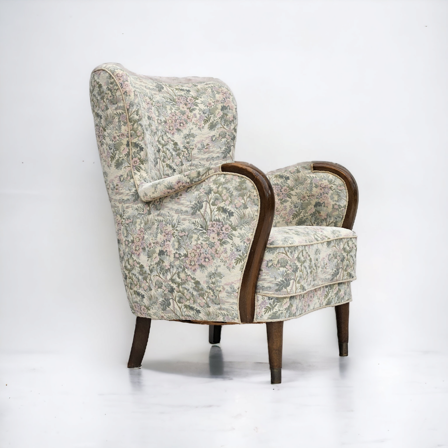 1955-60s, Danish design, armchair in floral multicolor fabric, original condition.