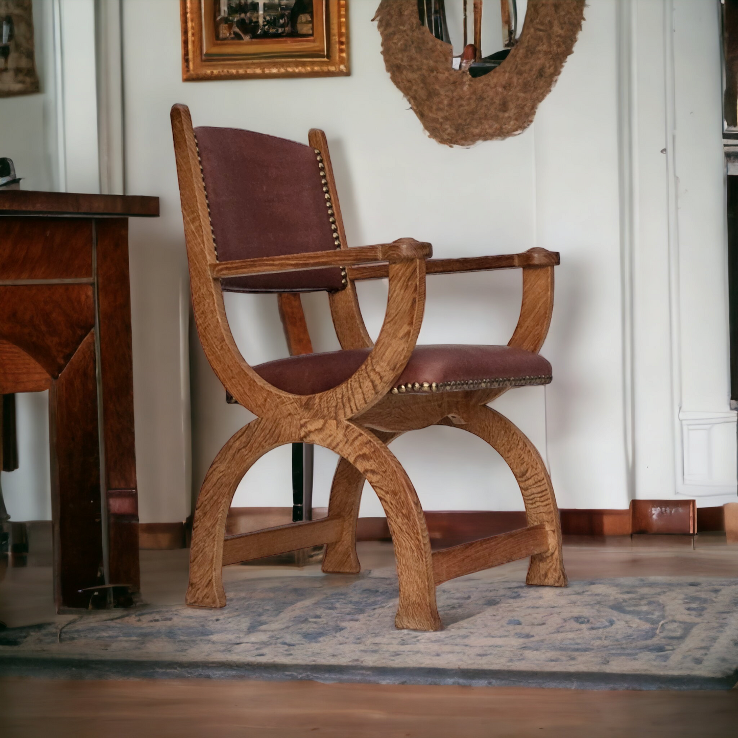 1950s, Danish design, reupholstered armchair, natural brown leather, oak wood.