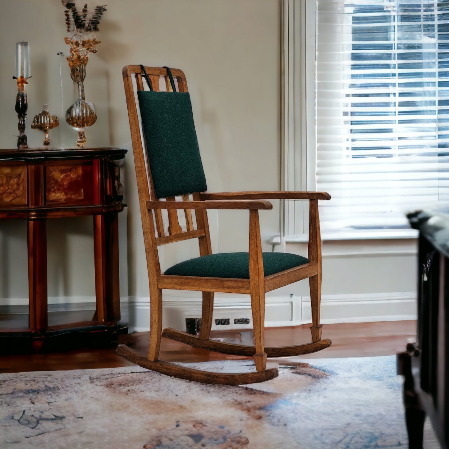 1950-60s, reupholstered Danish highback rocking chair, furniture wool.