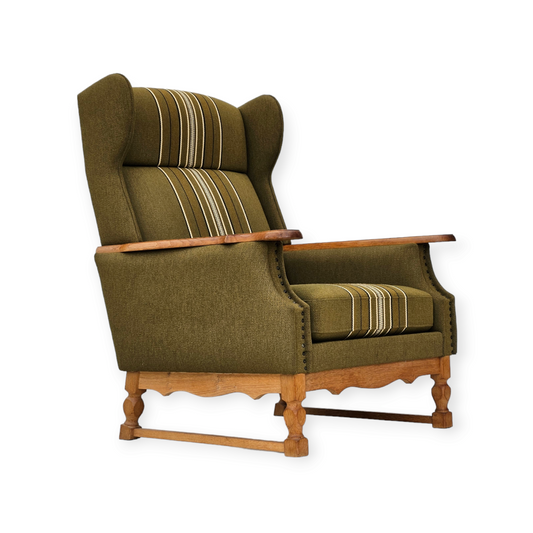 1970s, Danish wingback chair, original upholstery, green furniture wool.