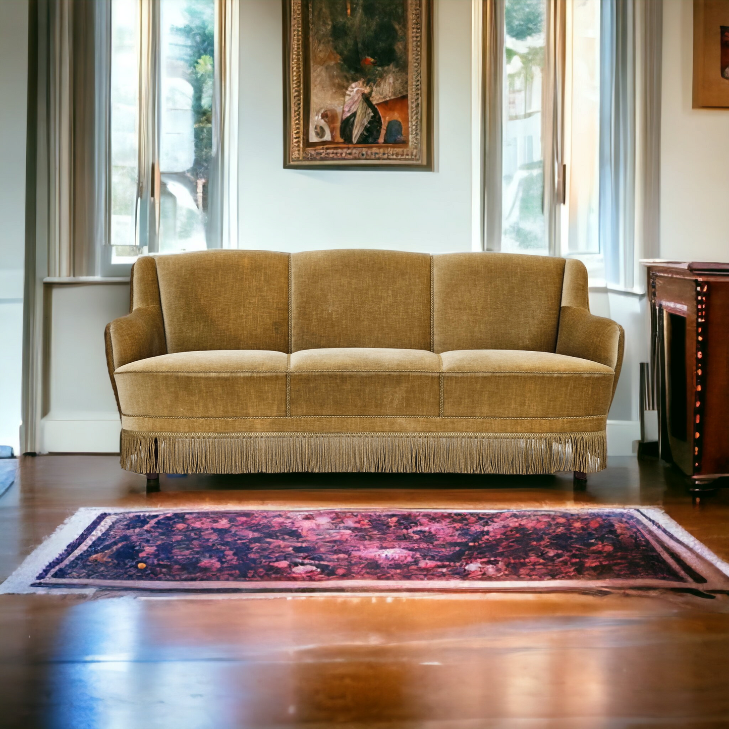 1970s, Danish 3-seater "Banana" sofa, original green velour.