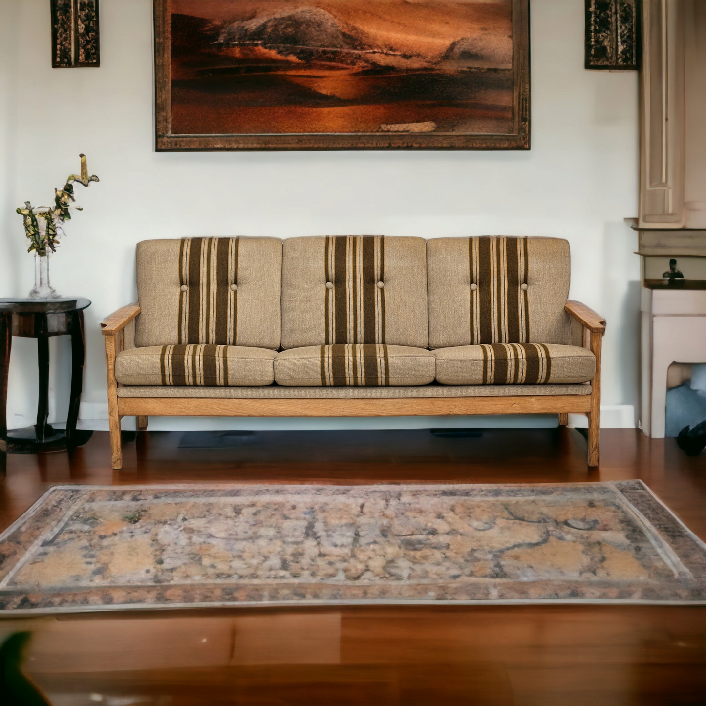 1970s, Danish 3 seater sofa, original very good condition, wool, oak wood.