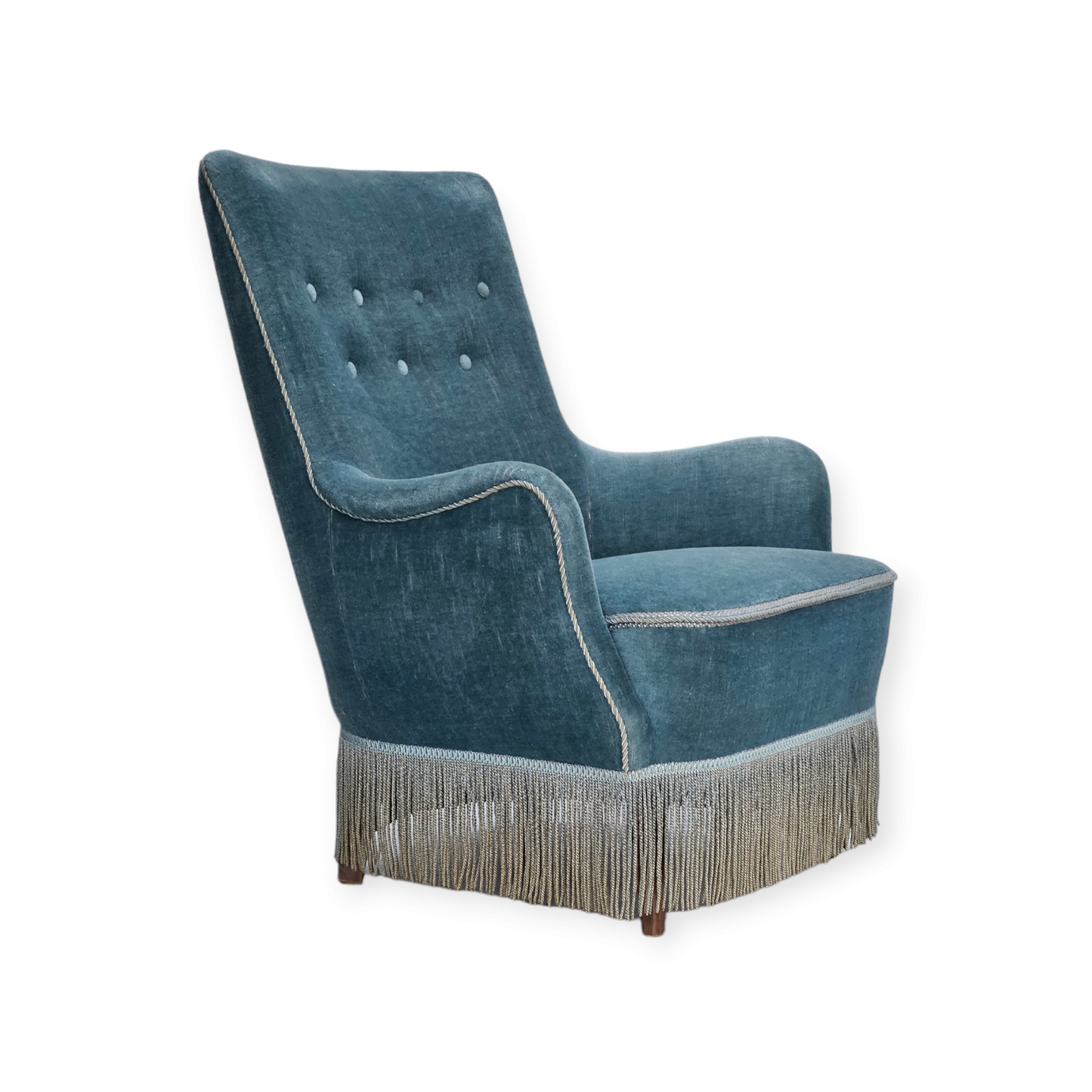 1960s, Danish armchair, original upholstery, light blue velour, good condition.