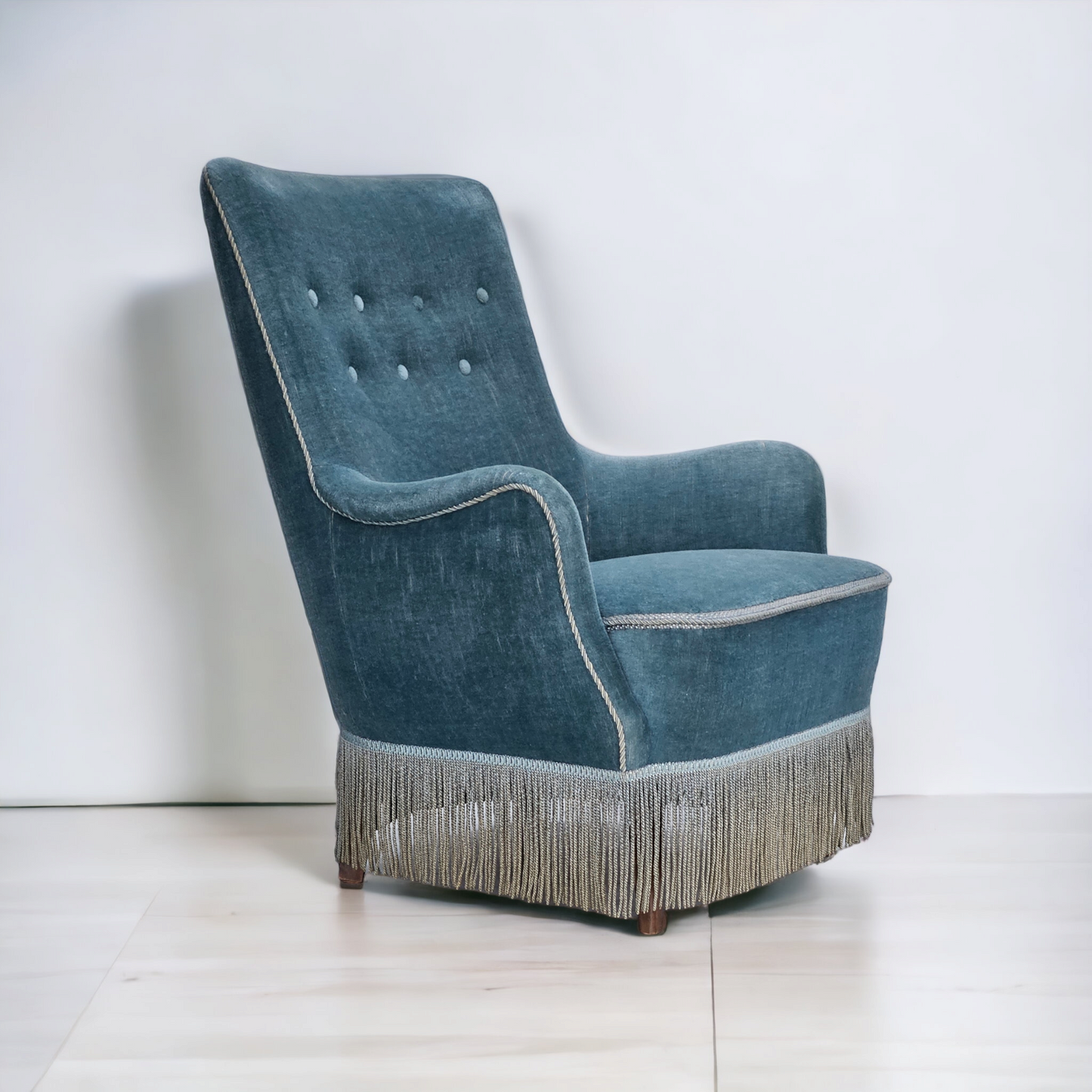 1960s, Danish armchair, original upholstery, light blue velour, good condition.