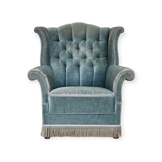 1960s, Danish wingback armchair, light blue velour, original good condition.