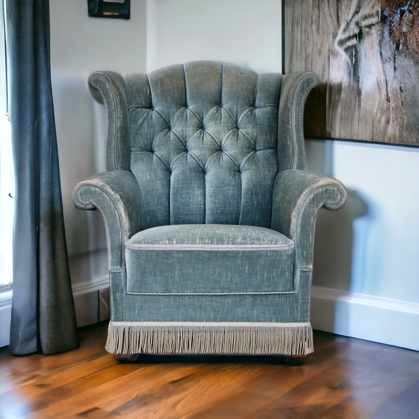 1960s, Danish wingback armchair, light blue velour, original good condition.