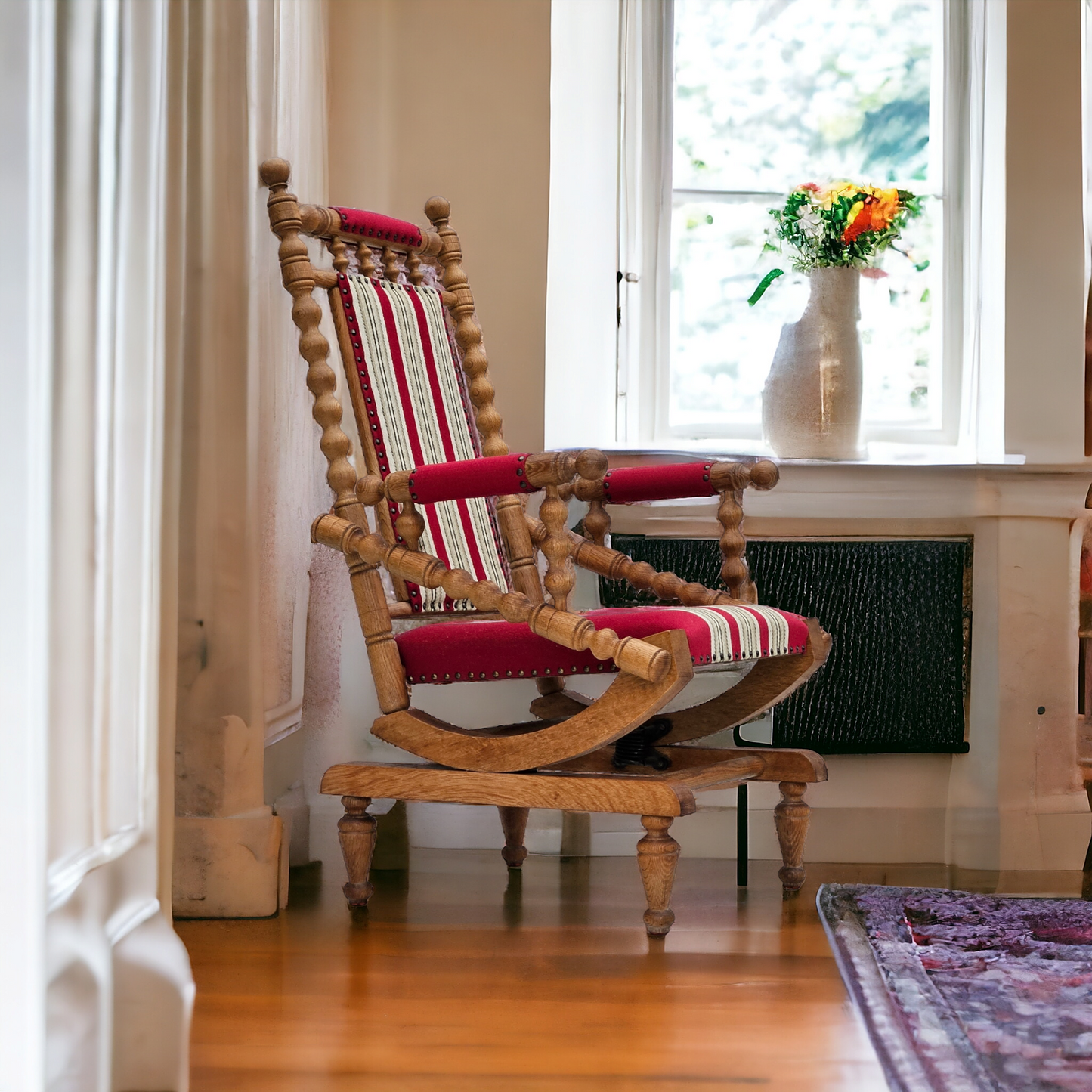 1970s, Danish highback rocking chair, oak wood, furniture wool, original condition.