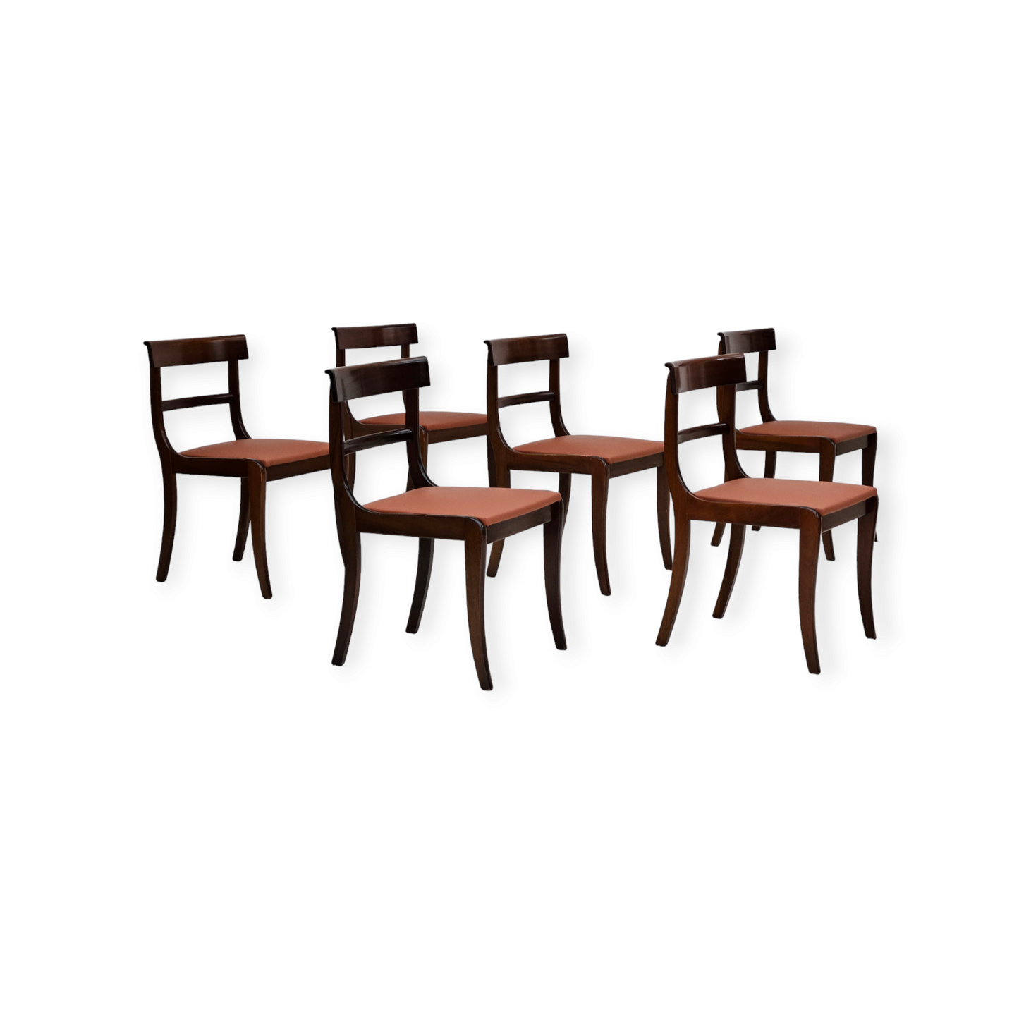 1970s, reupholstered set of 6 pcs Danish dining chairs, teak wood, leather.