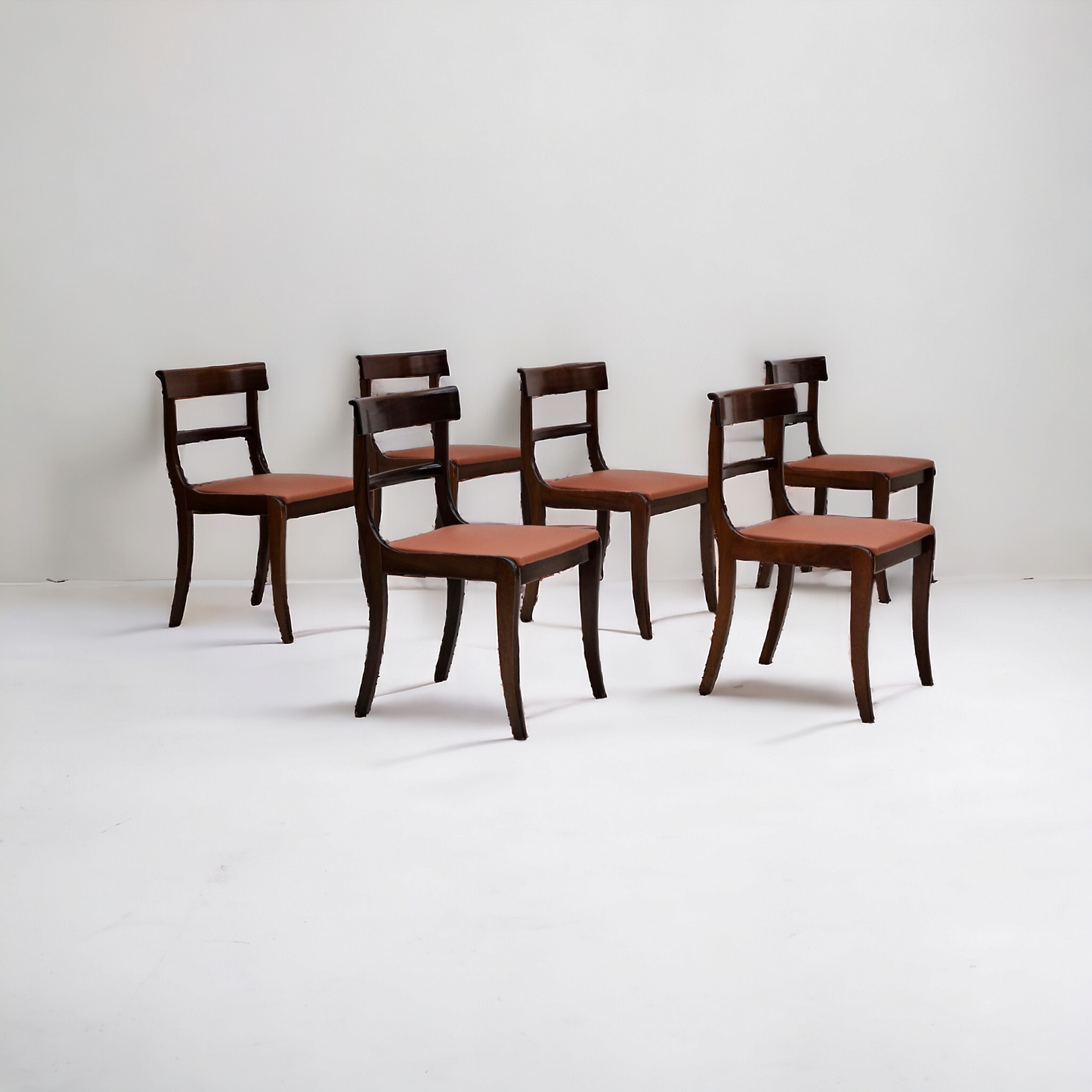 1970s, reupholstered set of 6 pcs Danish dining chairs, teak wood, leather.