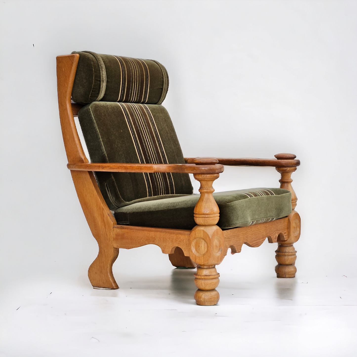 1970s, Danish highback armchair, original condition, velour, solid oak wood.