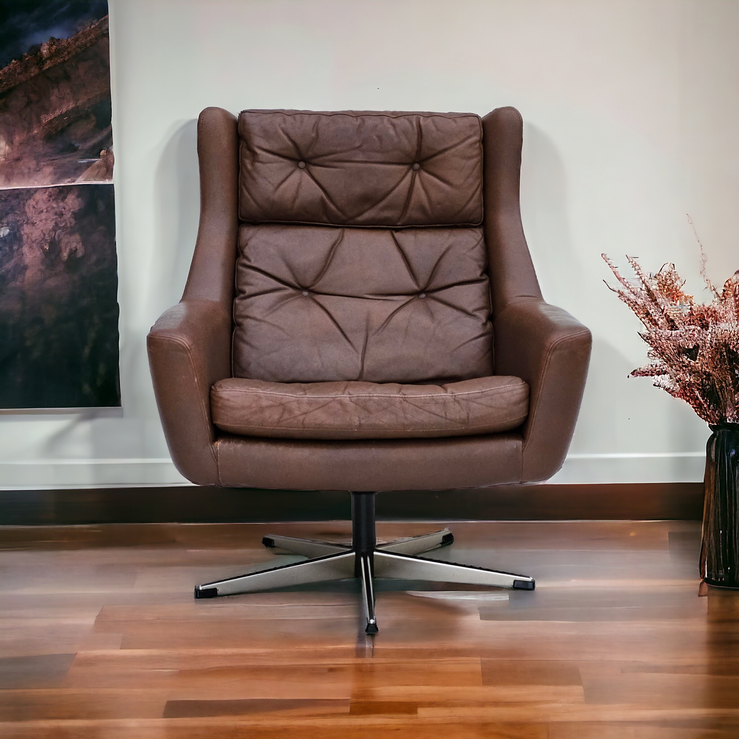 1970s, Danish swivel chair with footstool, original good condition, leather.