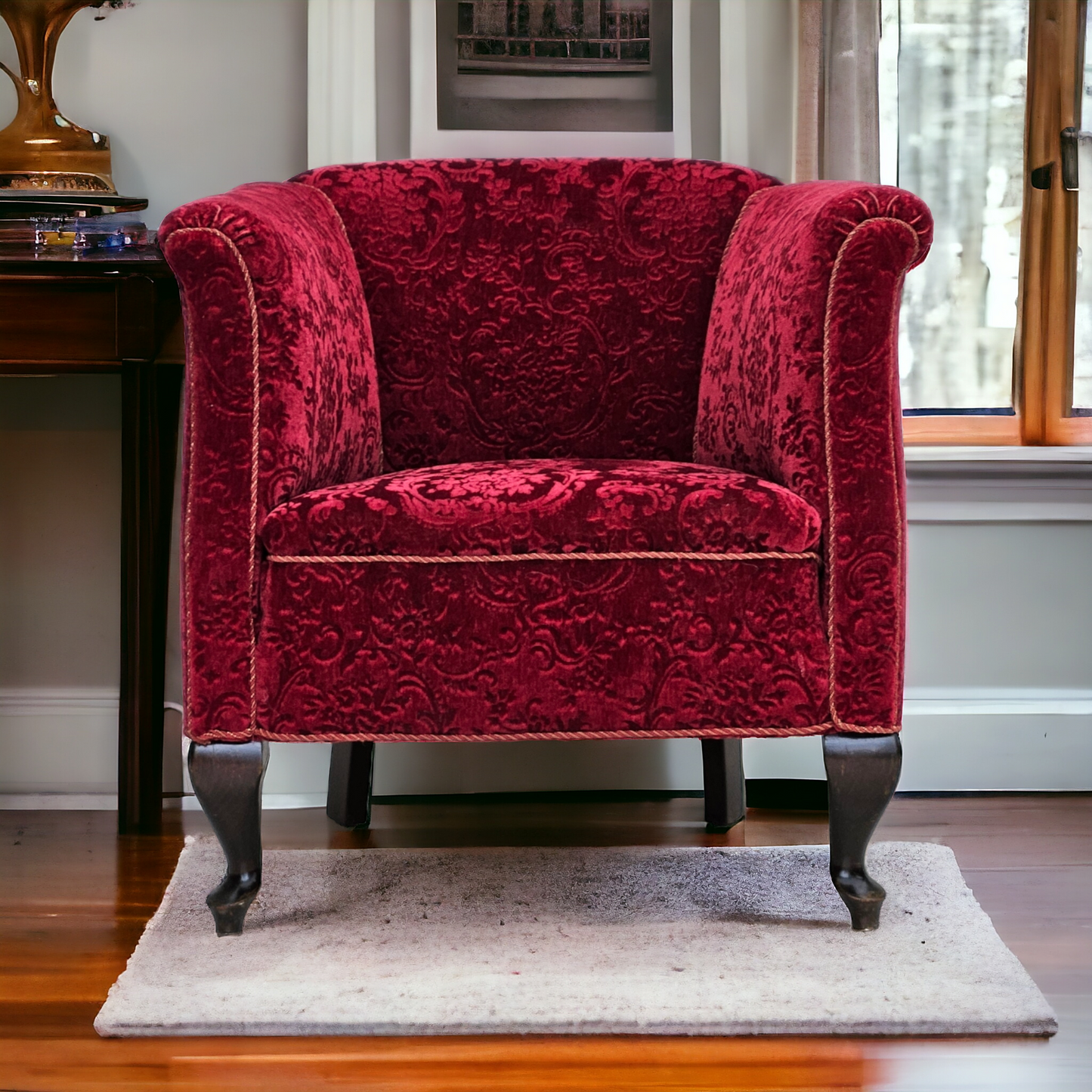 1950s, Danish vintage chair, red cotton/wool fabric, beech wood.