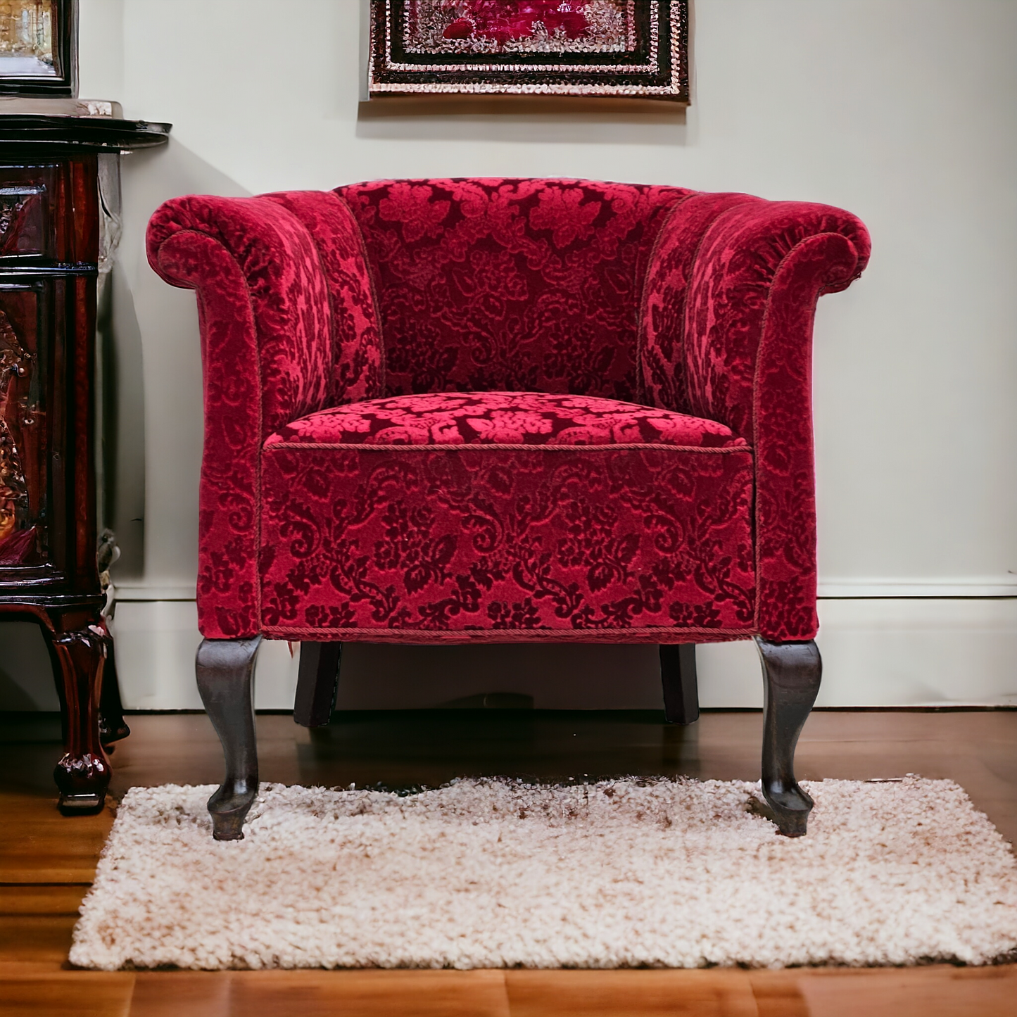 1950s, pair of Danish lounge chairs, red cotton/wool fabric, beech wood.