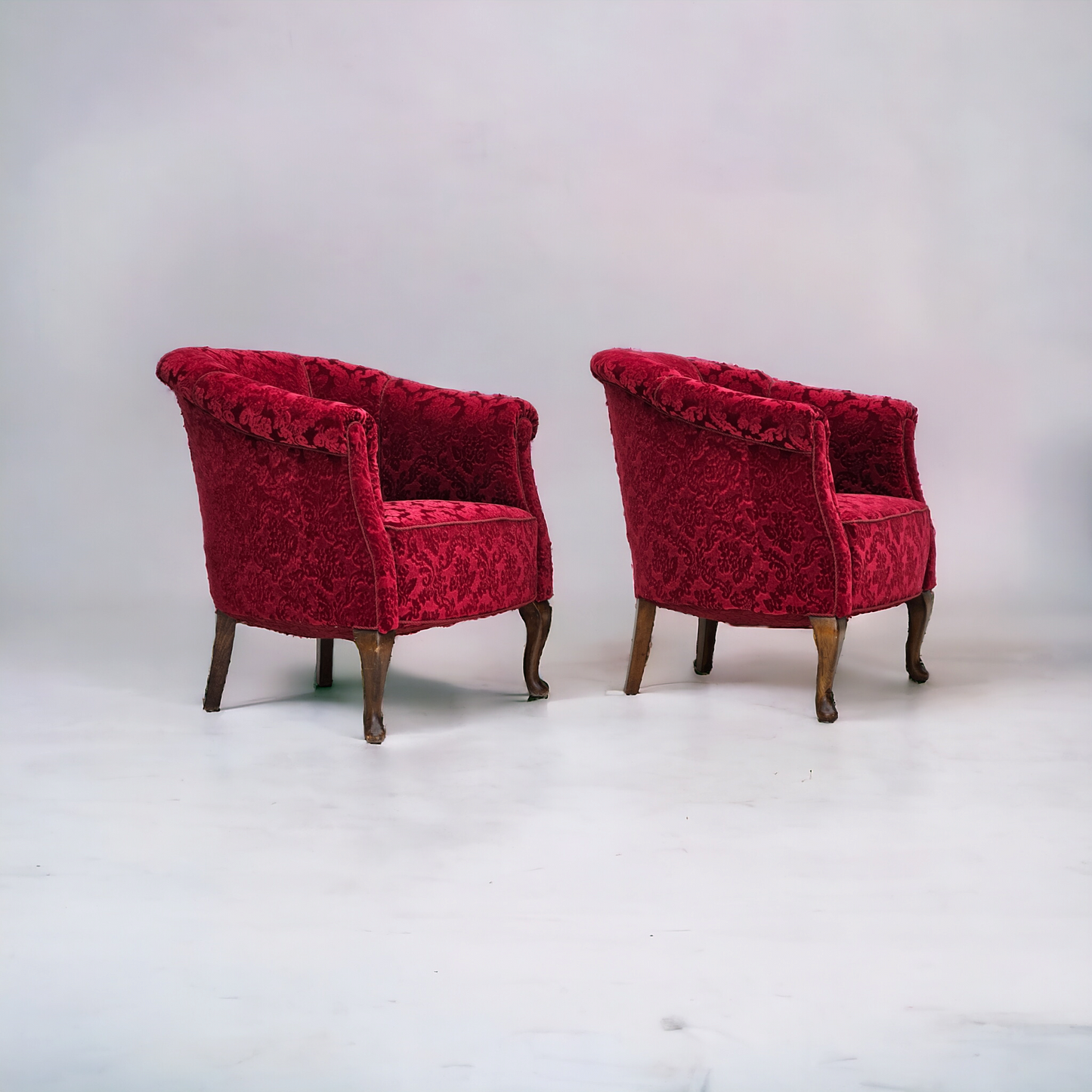 1950s, pair of Danish lounge chairs, red cotton/wool fabric.