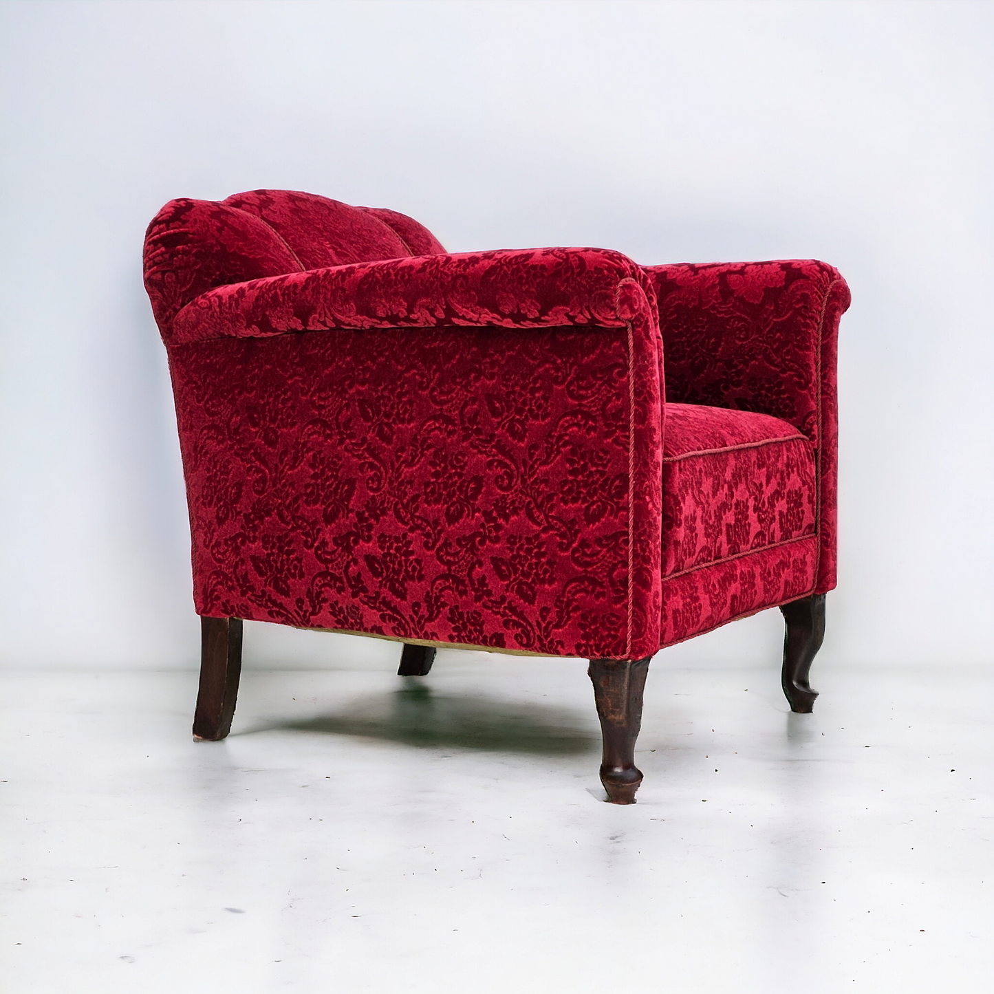 1950s, Danish lounge chair, red cotton/wool fabric, beech wood.