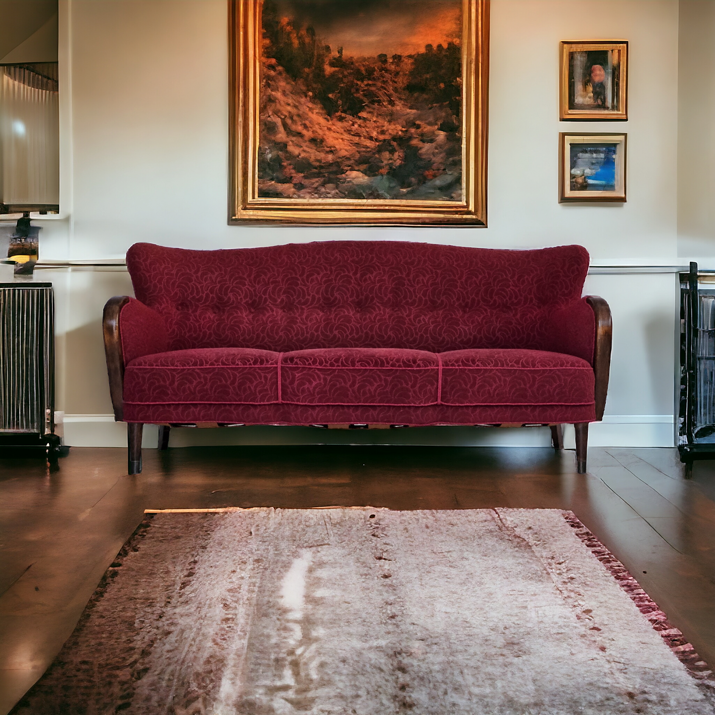 1950-60s, Danish 3-seater sofa, original condition, red cotton/wool, beech wood.