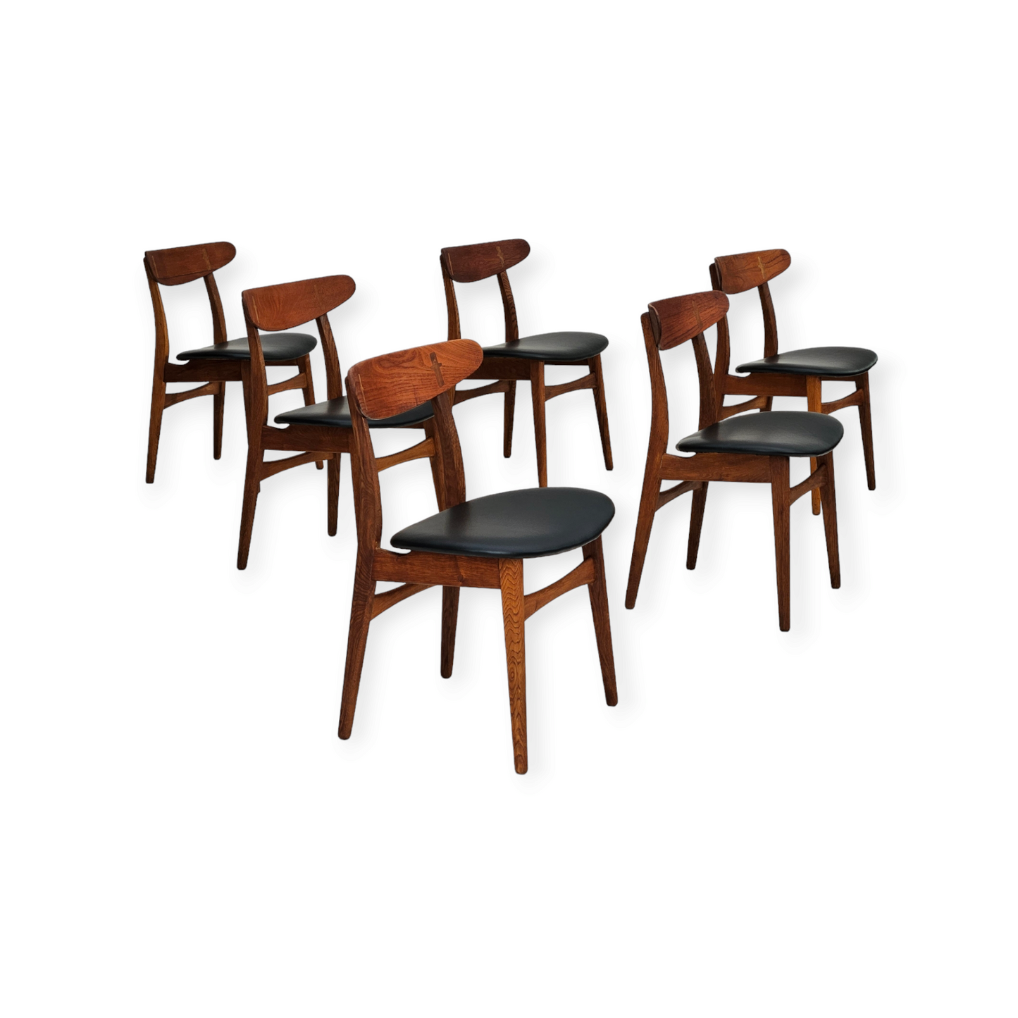 1960s, Danish design by H.J.Wegner, set of 6 dining chairs model nr.30, reupholstered.