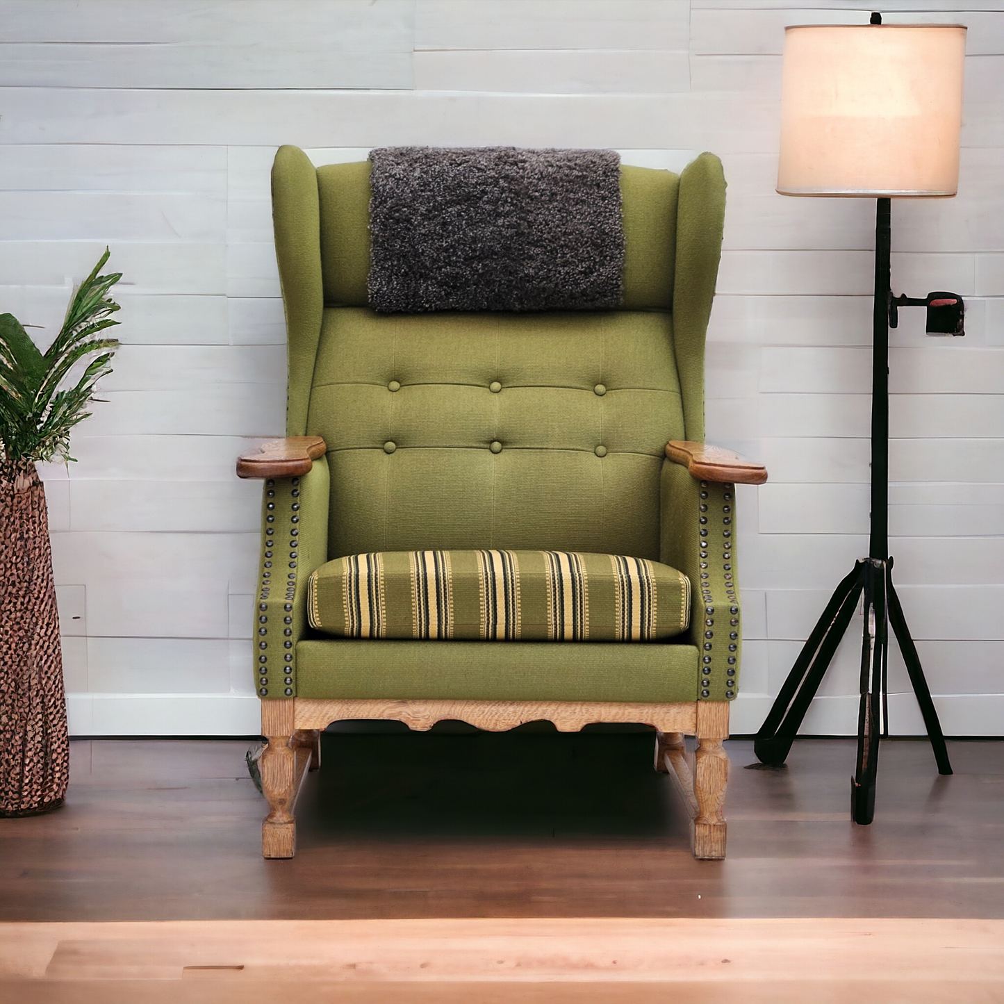 1970s, Danish highback armchair, wool, oak, original very good condition.