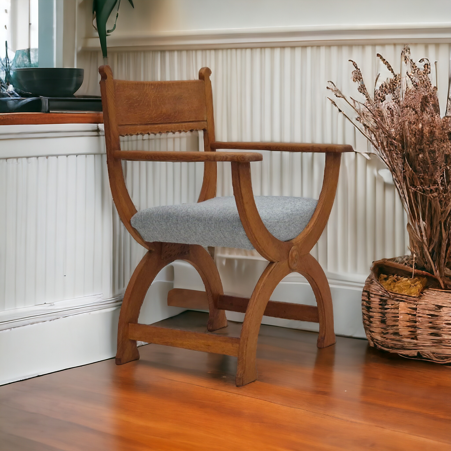 1960s, Danish armchair in solid oak wood, reupholstered, KVADRAT furniture wool.