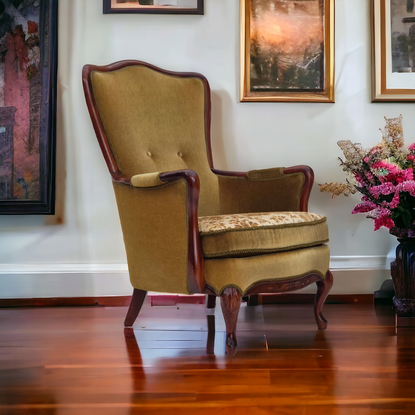 1950s, Danish highback armchair, original upholstery, green velour.