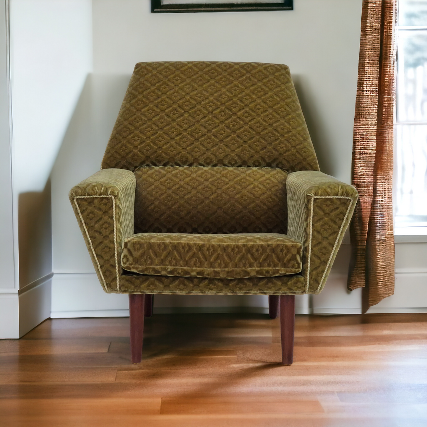 1970s, Danish highback armchair by Georg Thams, original upholstery, green velour, teak wood.