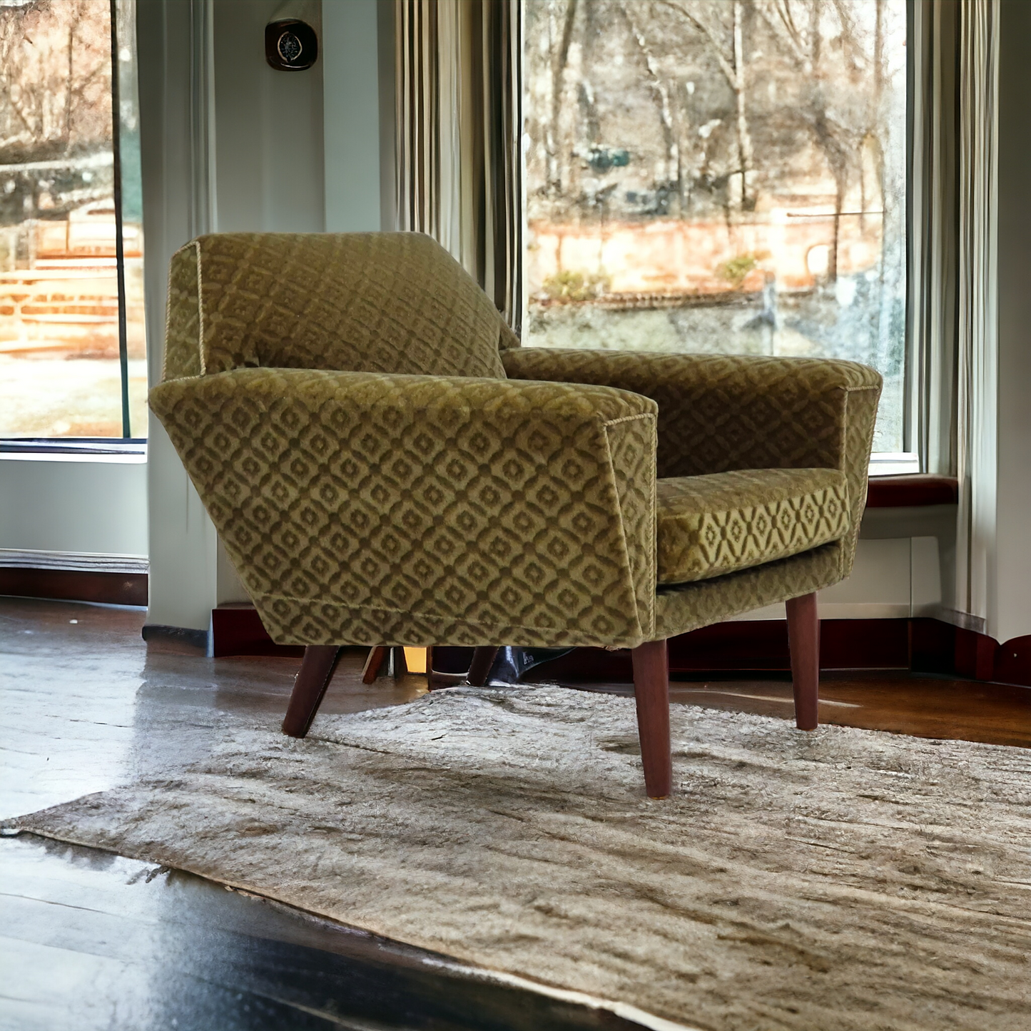 1970s, Danish armchair by Georg Thams, original upholstery, green velour, teak wood.