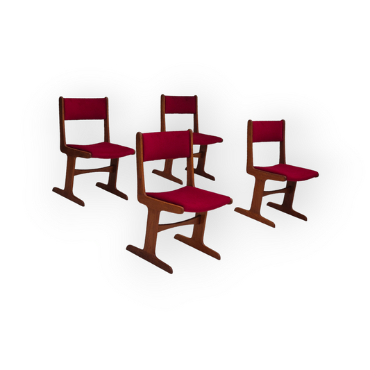 1970s, set of 4 reupholstered Danish chairs, teak wood, cherry-red furniture velour.