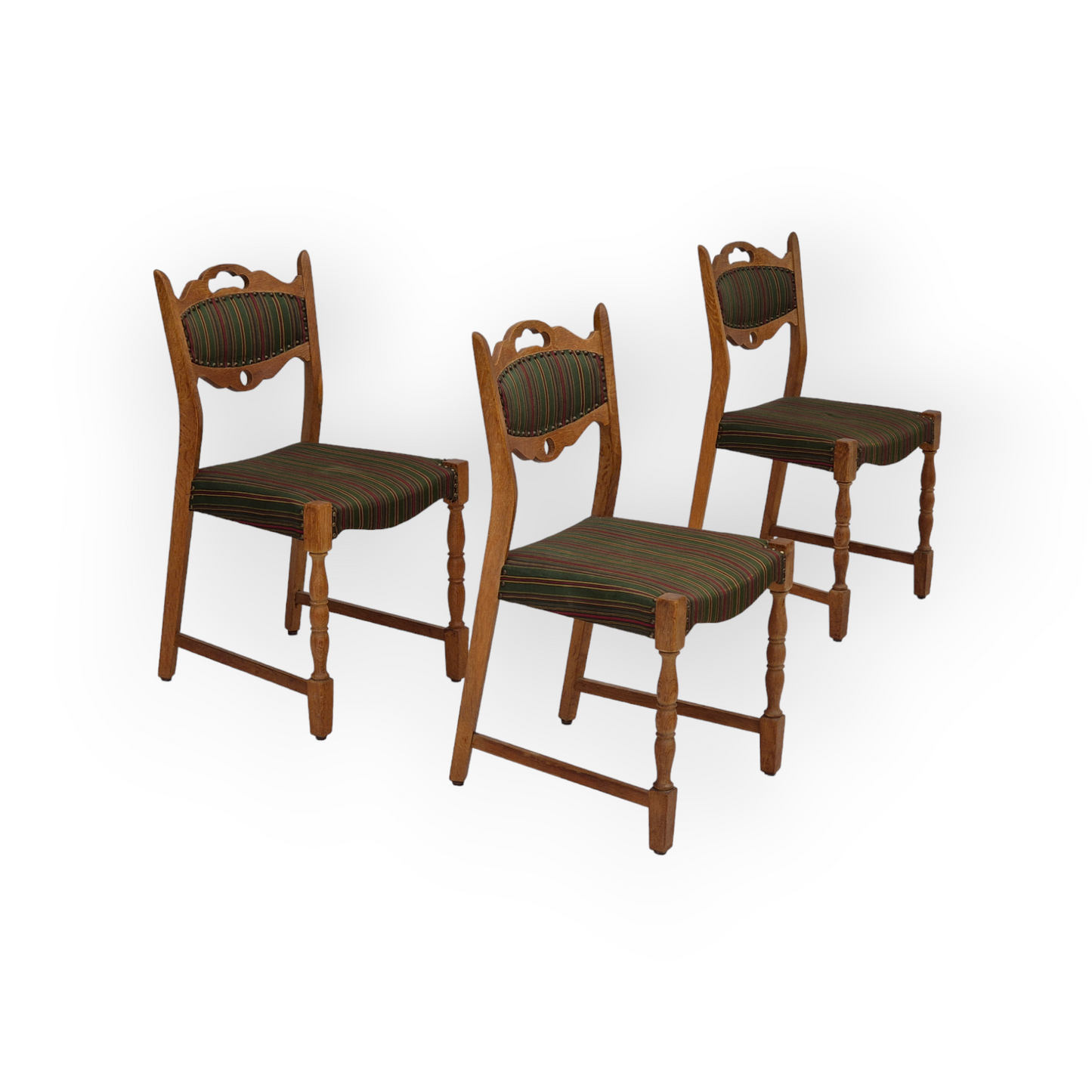 1960s, set of 3 dining Danish chairs, original good condition, furniture wool, oak wood.