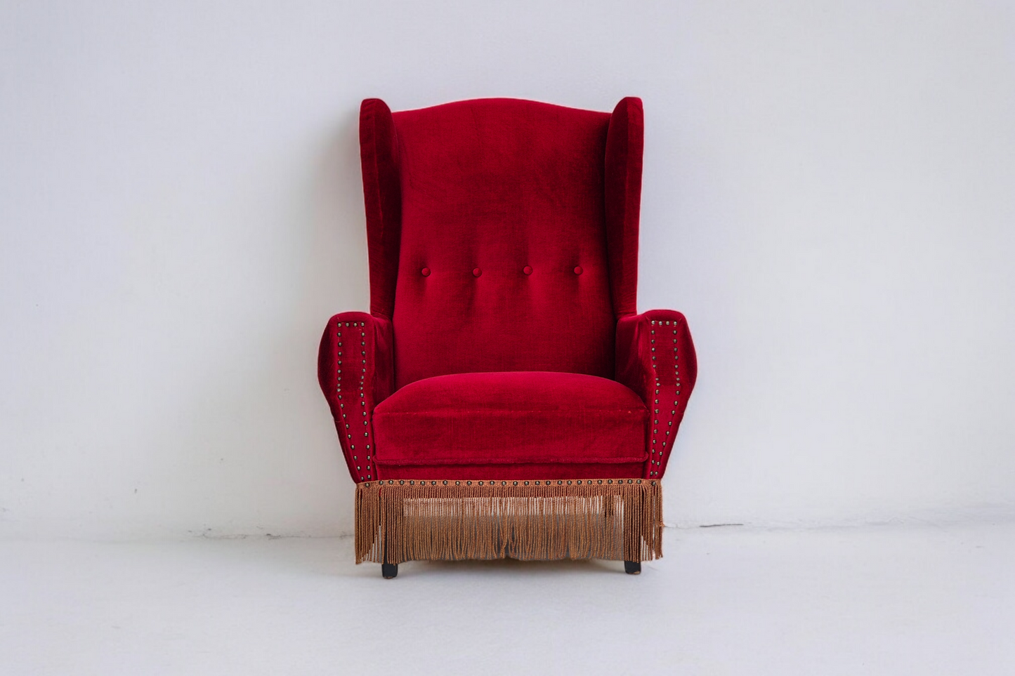 1960s, Danish wingback armchair, original, furniture velour, oak wood legs