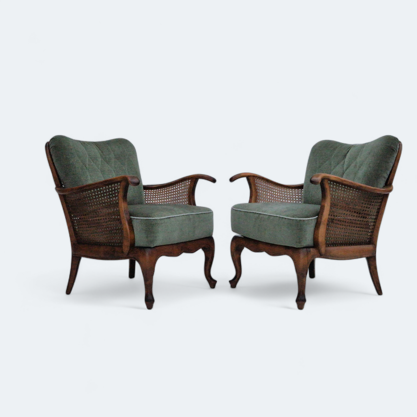 1950s, a pair of Danish armchairs in original condition, velour, ash wood, furniture mesh.