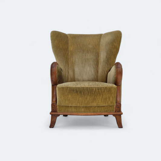 1960s, Danish armchair in original very good condition, furniture velour, oak wood.