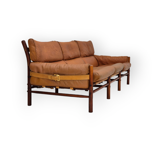 1960s, Scandinavian design by Arne Norell, sofa, model "Kontiki", original condition, leather, beech wood.