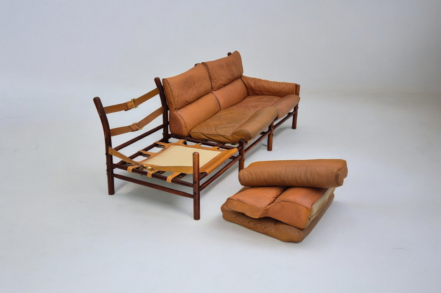 1960s, Scandinavian design by Arne Norell, sofa, model "Kontiki", original condition, leather, beech wood.