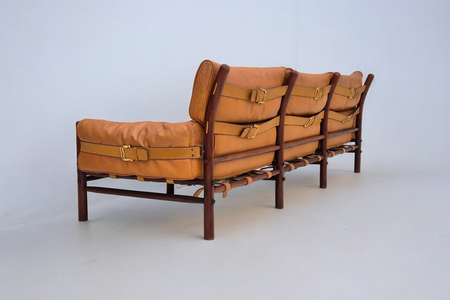 1960s, Scandinavian design by Arne Norell, sofa, model "Kontiki", original condition, leather, beech wood.