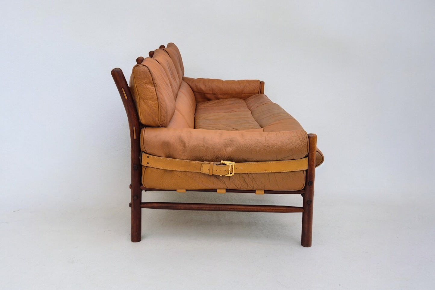 1960s, Scandinavian design by Arne Norell, sofa, model "Kontiki", original condition, leather, beech wood.