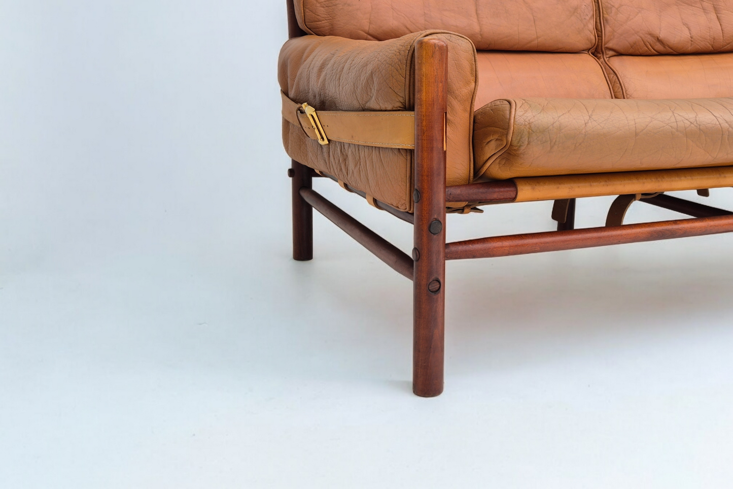 1960s, Scandinavian design by Arne Norell, sofa, model "Kontiki", original condition, leather, beech wood.