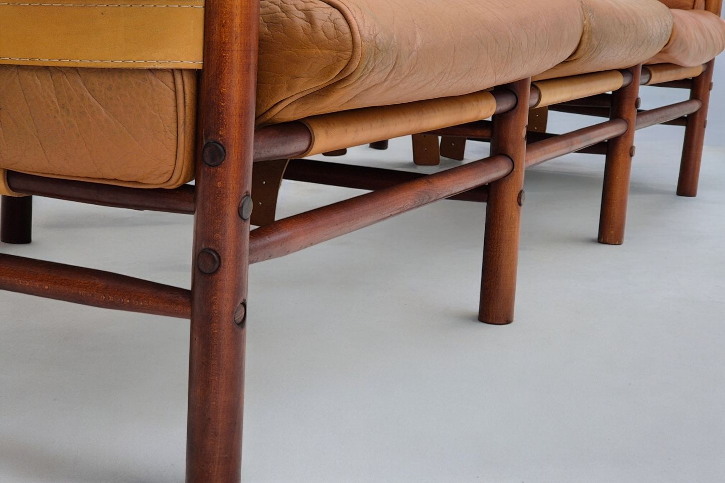 1960s, Scandinavian design by Arne Norell, sofa, model "Kontiki", original condition, leather, beech wood.