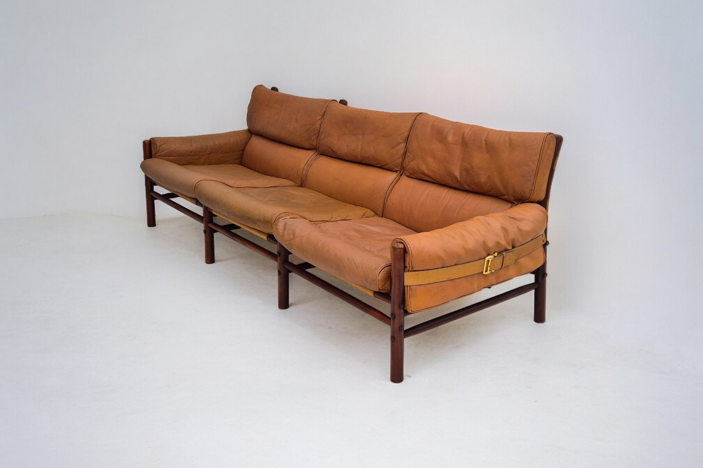 1960s, Scandinavian design by Arne Norell, sofa, model "Kontiki", original condition, leather, beech wood.