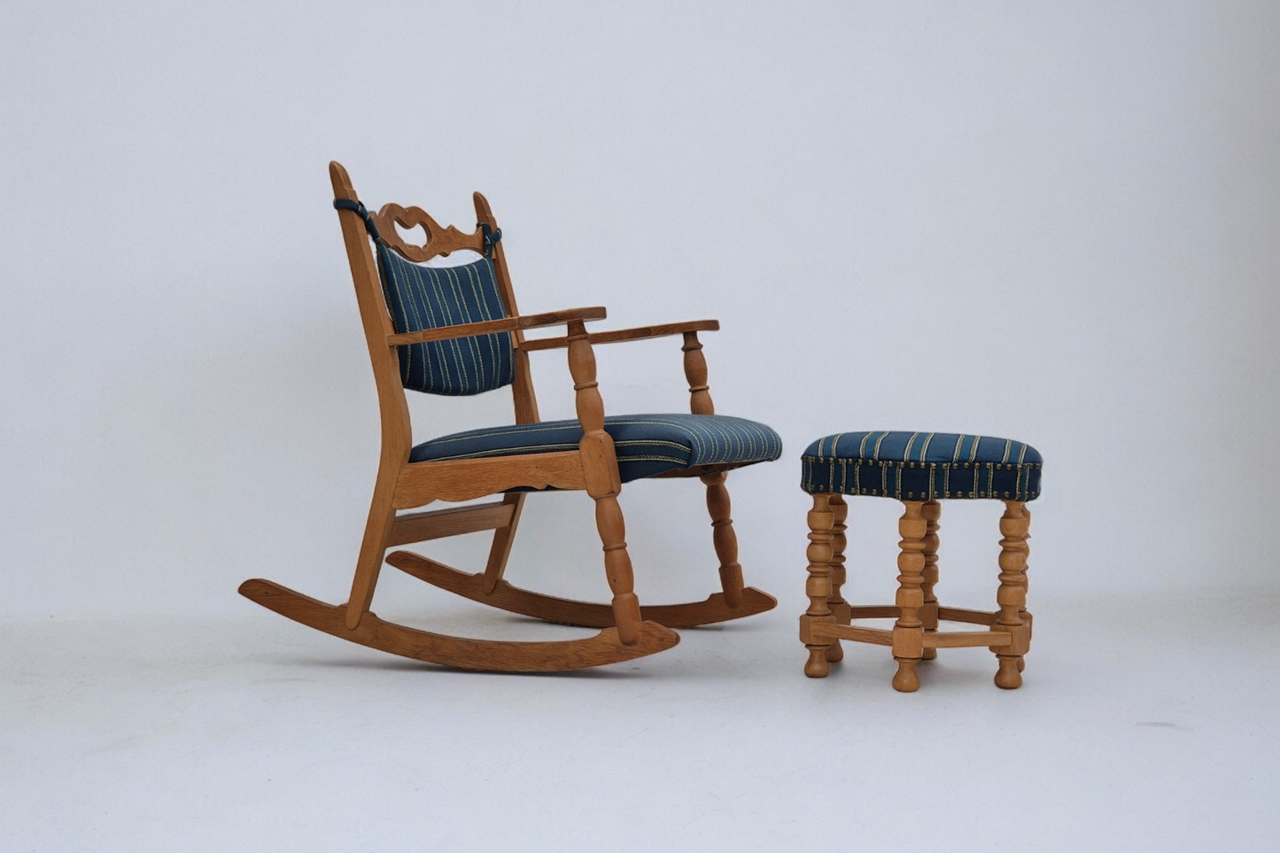 1970s, Danish design, oak wood rocking chair with footstool, furniture wool, original condition.