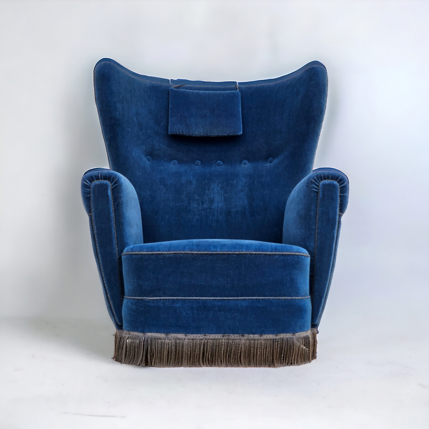 1960s, Danish highback relax armchair, original condition, blue furniture velour.