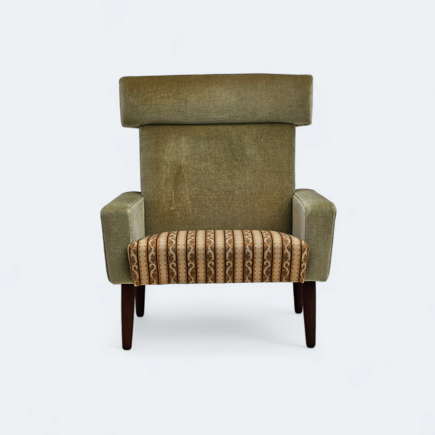 1970s, Danish armchair, original condition, furniture velour, woven wool fabric, teakwood.