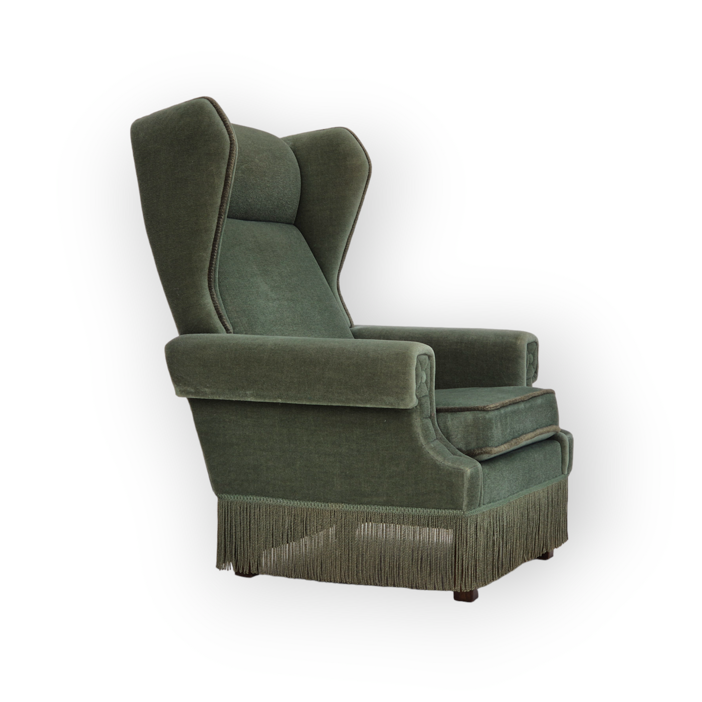 1970s, Danish wingback armchair, original condition, furniture velour, beech wood.