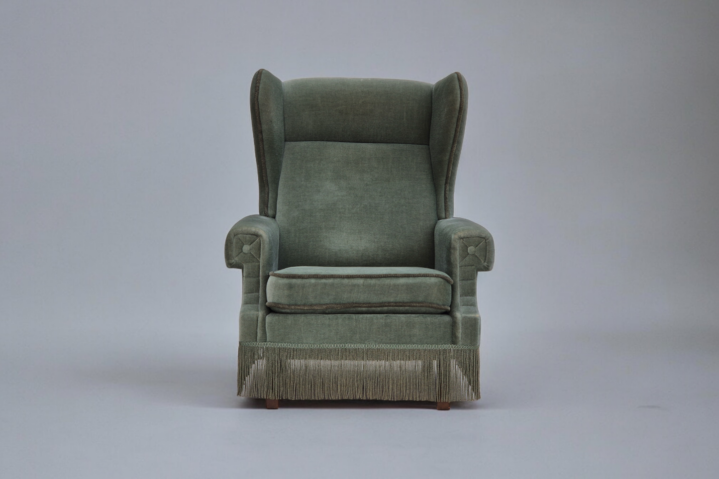 1970s, Danish wingback armchair, original condition, furniture velour, beech wood.