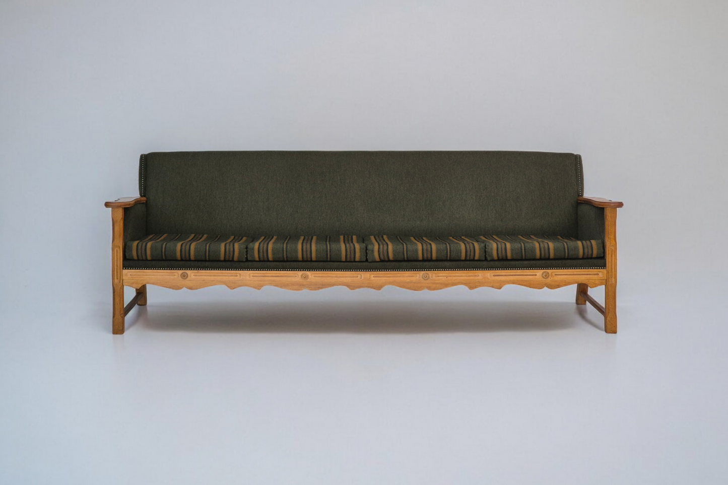 1970s, Danish 4 seater sofa, original very good condition, wool, oak wood.