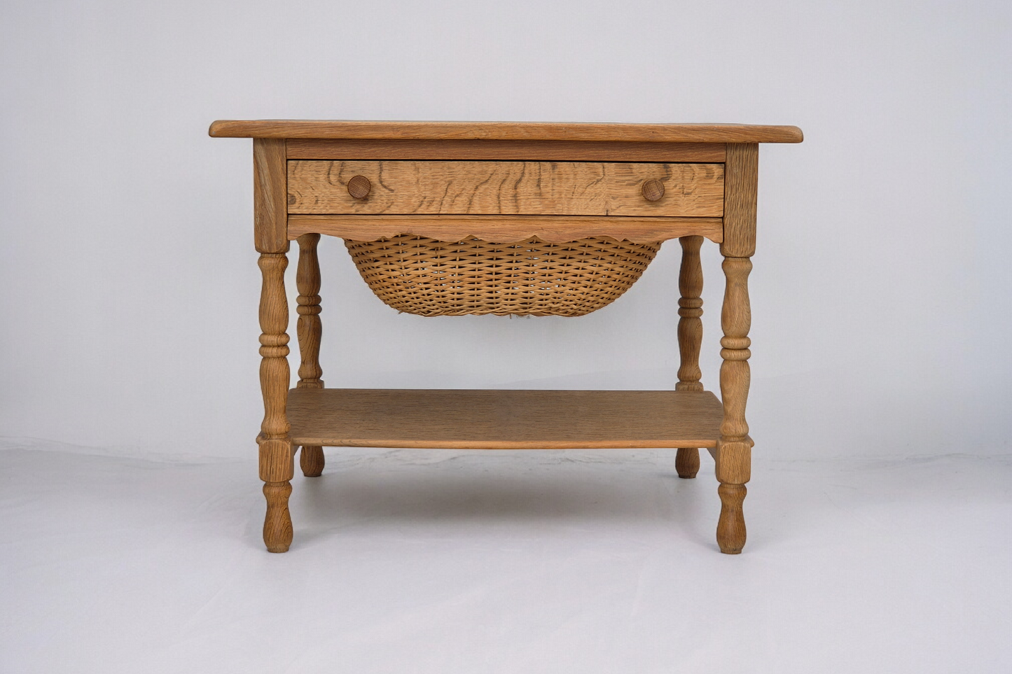 1970s, Danish sewing chest of drawers, solid oak wood, rattan.