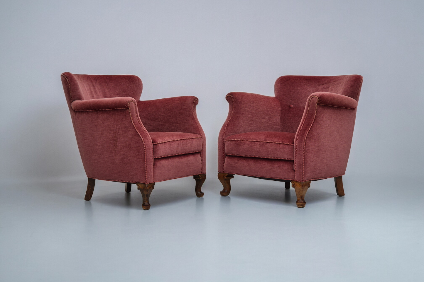 1960s, pair of Danish lounge chairs, original condition, light pink furniture velour.