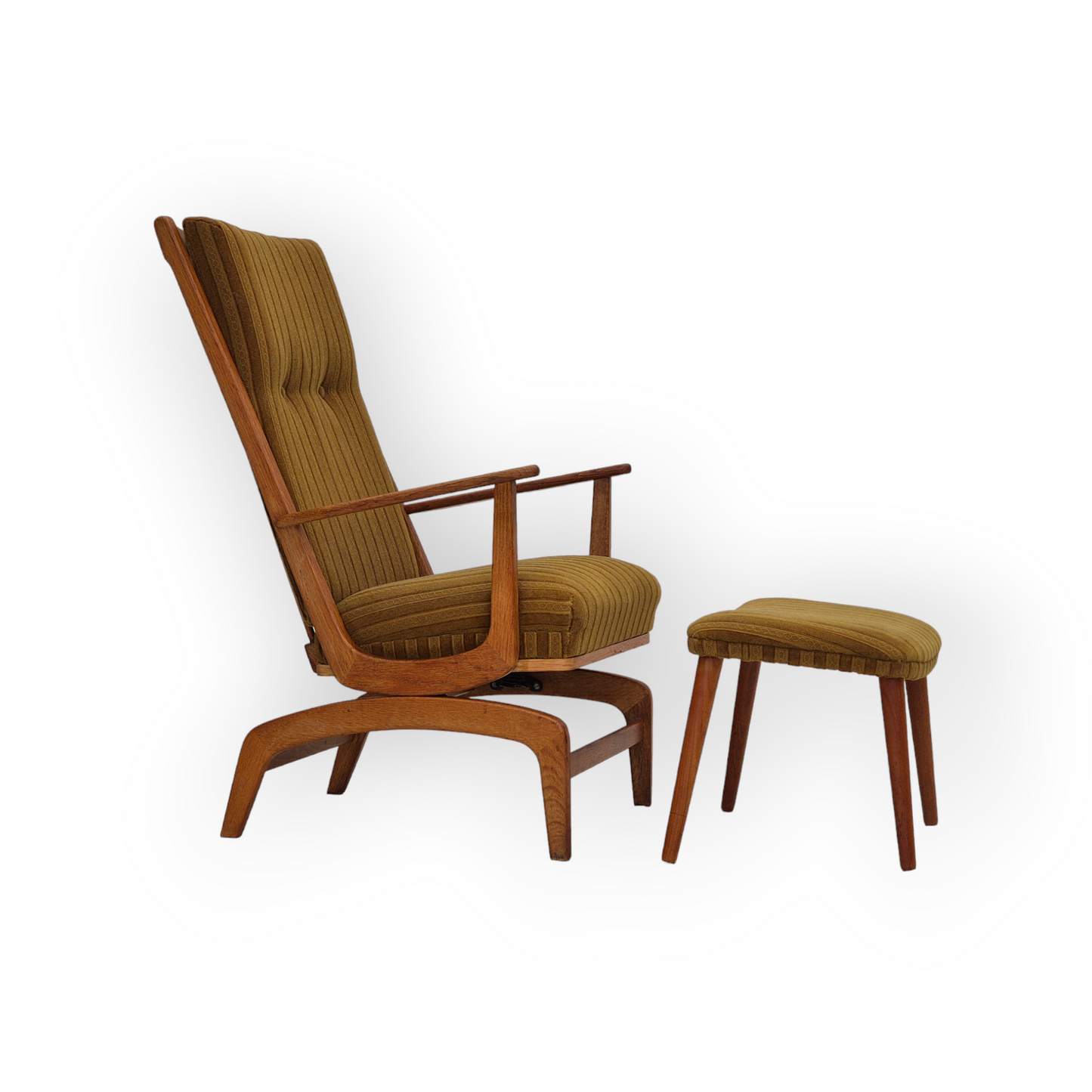 1960s, Danish design, oak wood rocking chair with footstool, furniture wool, original condition.